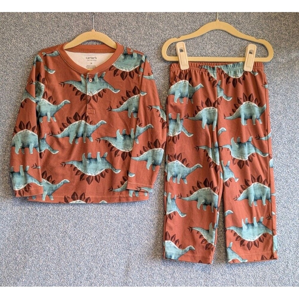 Carter's Boys Size 3T Brown Dinosaur Stego Fleece Long Sleeve Two Piece Pajamas